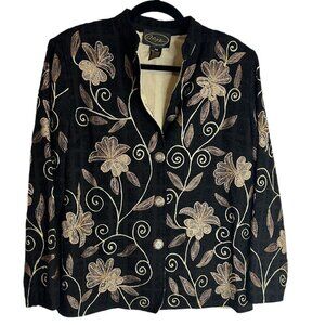 Vtg Alex Kim Black Textured Jacket Sparkly Buttons Beadwork Embroidery Floral M